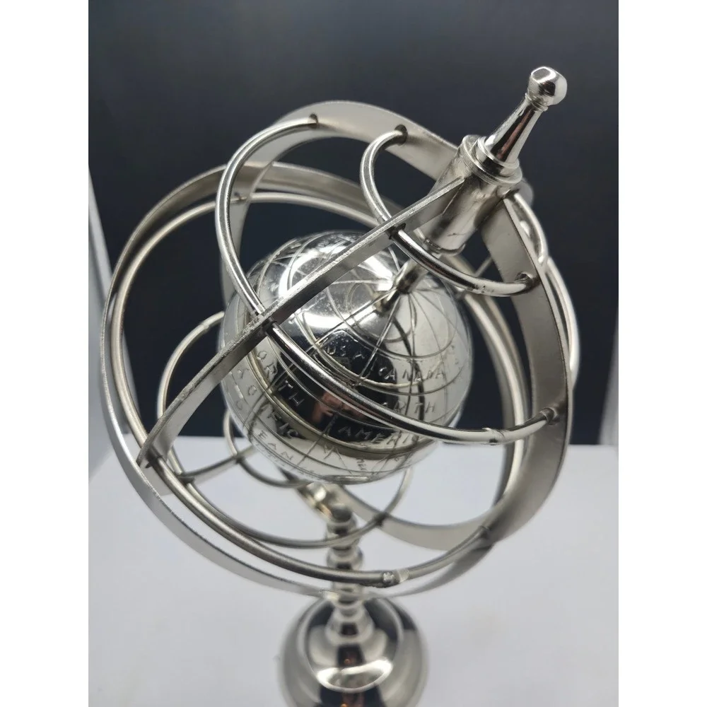 Silver Metal Armillary Sphere Globe Engraved Desktop Decor 13.5